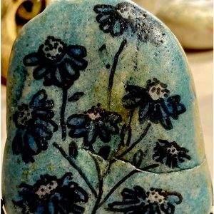 Hand painted rock “Little Blue “Flowers” about 2 inches wide